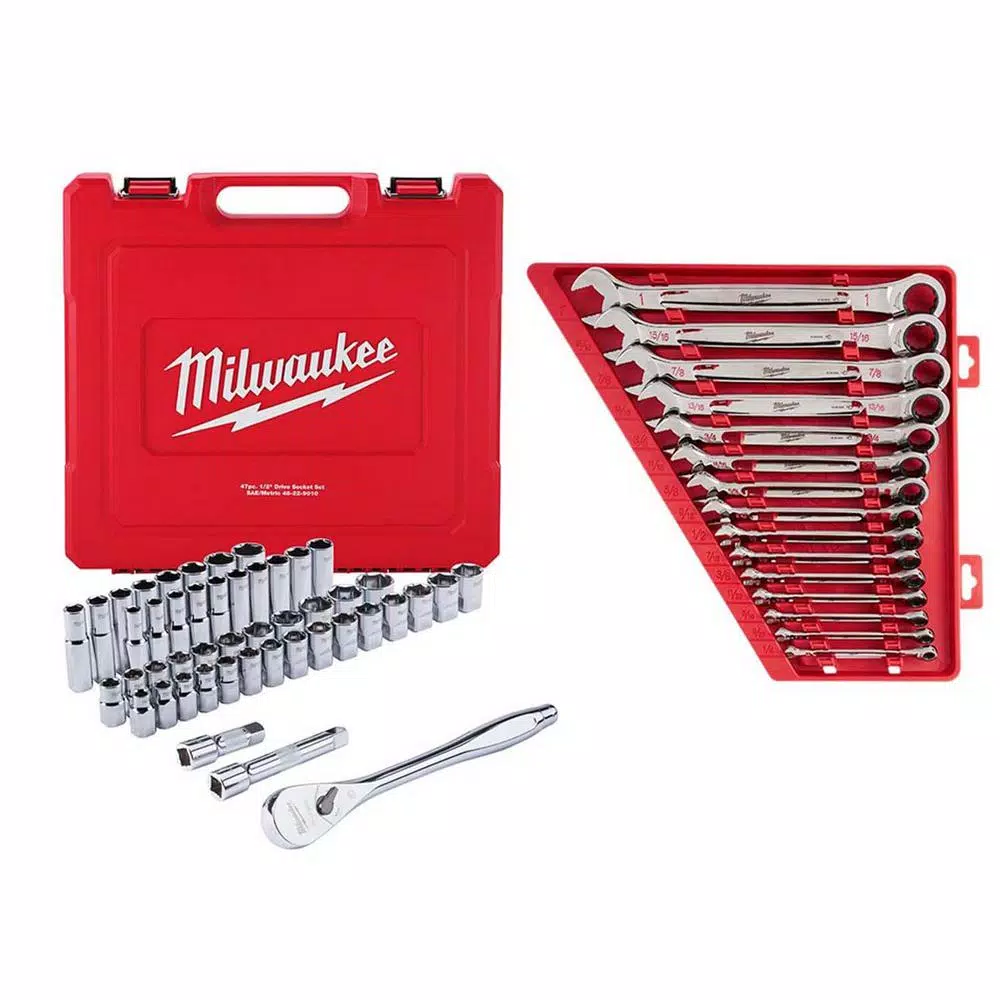 Discount 👏 Milwaukee 1/2 In. Drive SAE/Metric Ratchet And Socket Mechanics Tool Set With SAE Combination Ratcheting 🔧 Wrench Set (62-Piece) 🛒