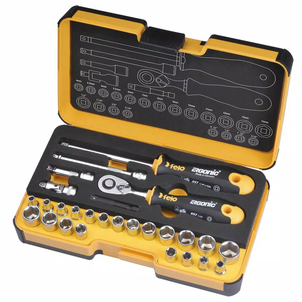 Cheap 𧨠Felo R-GO 1/4 In. Stubby Ergonic Ratchet Multi-Tools Set MM And Inch (27-Piece) π