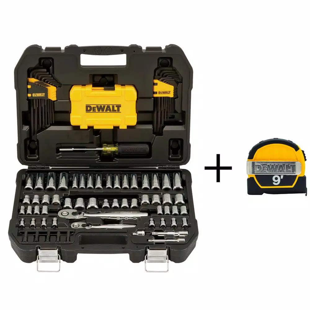 Brand new π DEWALT 1/4 In. X 3/8 In. Drive Polished Chrome Mechanics Tool Set (108-Piece) With 9 Ft. X 1/2 In. Tape Measure π