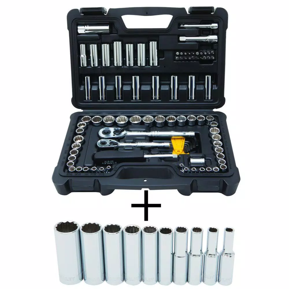 Promo 🔥 Stanley 1/4 In. & 3/8 In. Drive Full Polish Chrome SAE & Metric Mechanic Tool Set (97-Piece) W/Bonus SAE Deep Socket Set (10pc) 🛒