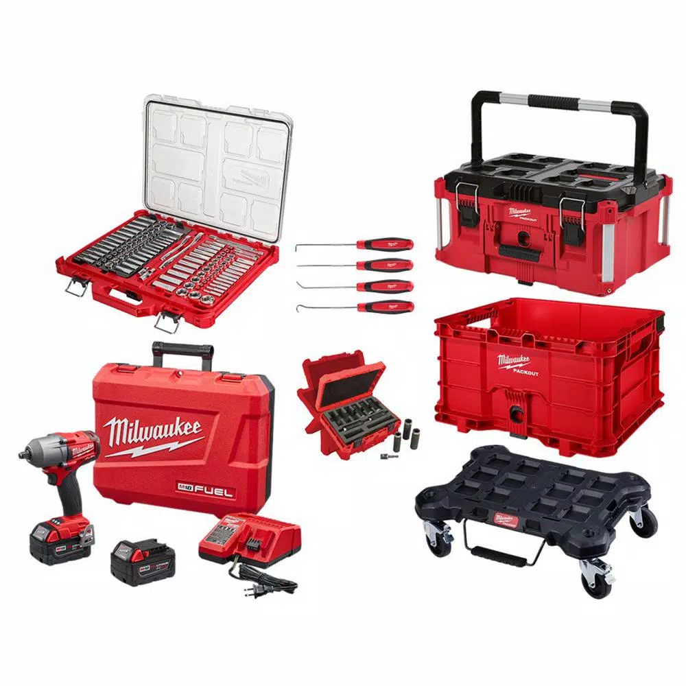 Best Sale 😀 Milwaukee 3/8 In. & 1/4 In. SAE/Metric Ratchet & Socket Mechanics Tool Set (117-Pc) W/Impact 🔧 Wrench Kit & PACKOUT Set (4-Piece) 💯