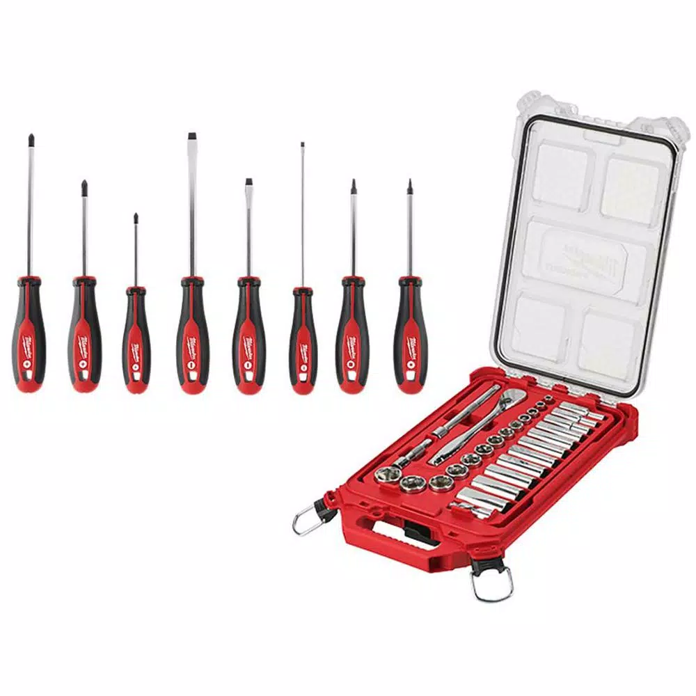 Cheapest 🌟 Milwaukee 3/8 In. Drive SAE Ratchet And Socket Mechanics Tool Set With Packout Case (28-Piece) And Screwdriver Set (8-Piece) 🧨