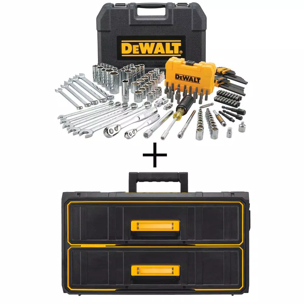 Brand new 😉 DEWALT 1/4 In. X 3/8 In. Drive Polished Chrome Mechanics Tool Set (142-Piece) With Bonus TOUGHSYSTEM 22 In. 2-Drawer Tool Box 😍