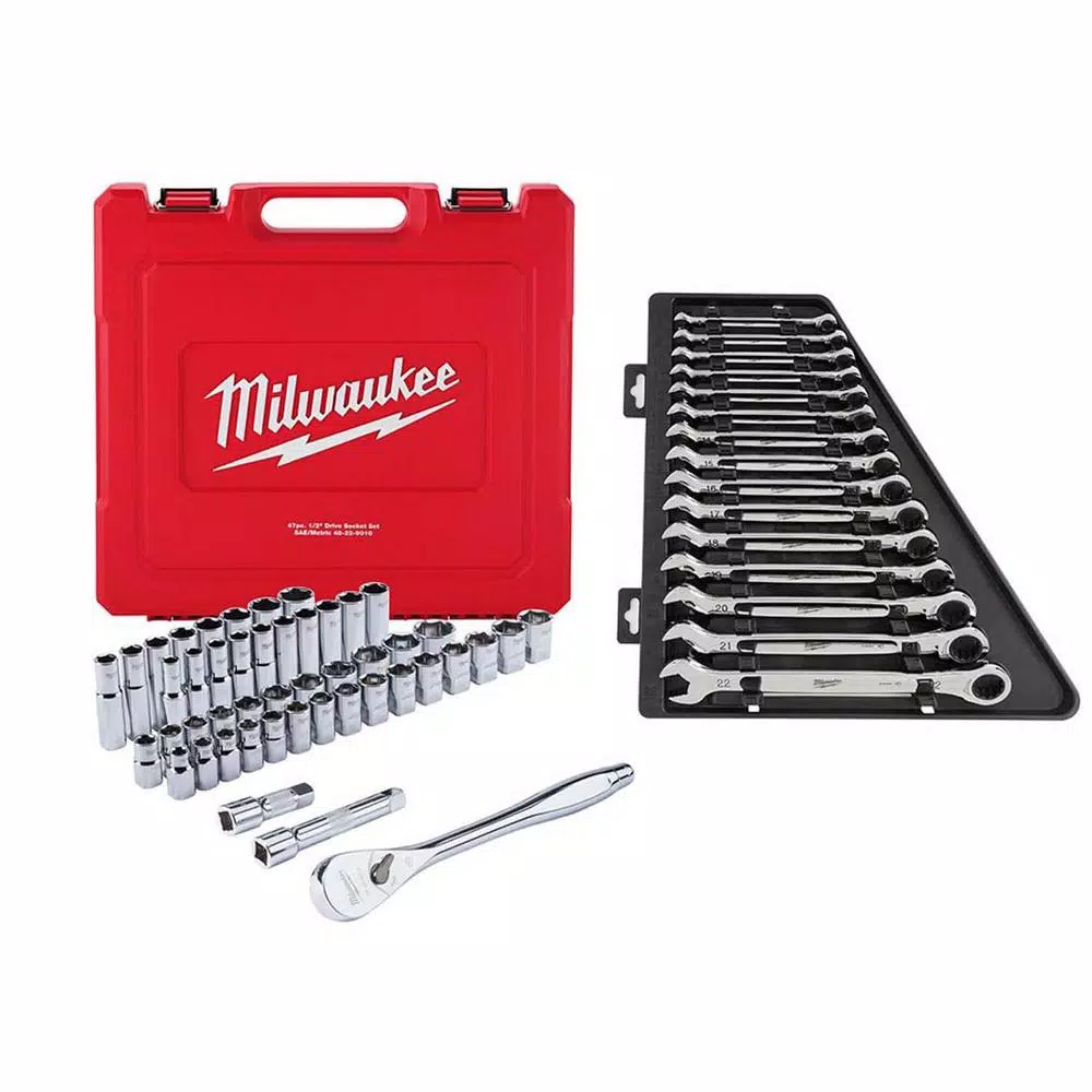 Hot Sale 🛒 Milwaukee 1/2 In. Drive SAE/Metric Ratchet And Socket Mechanics Tool Set W/ Metric Combination Ratcheting 🔧 Wrench Set (62-Piece) 🎉